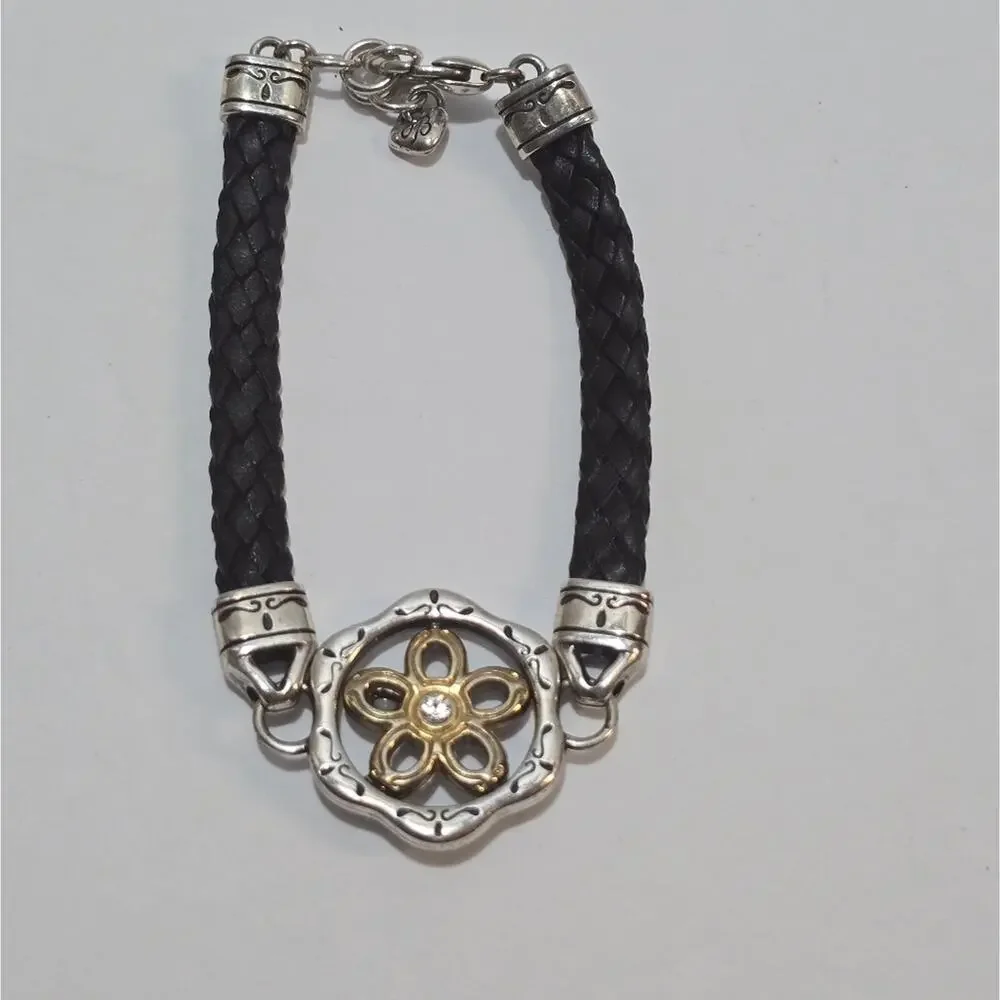 Brighton‎ Black Leather Braided Reversible Charm Station Bracelet